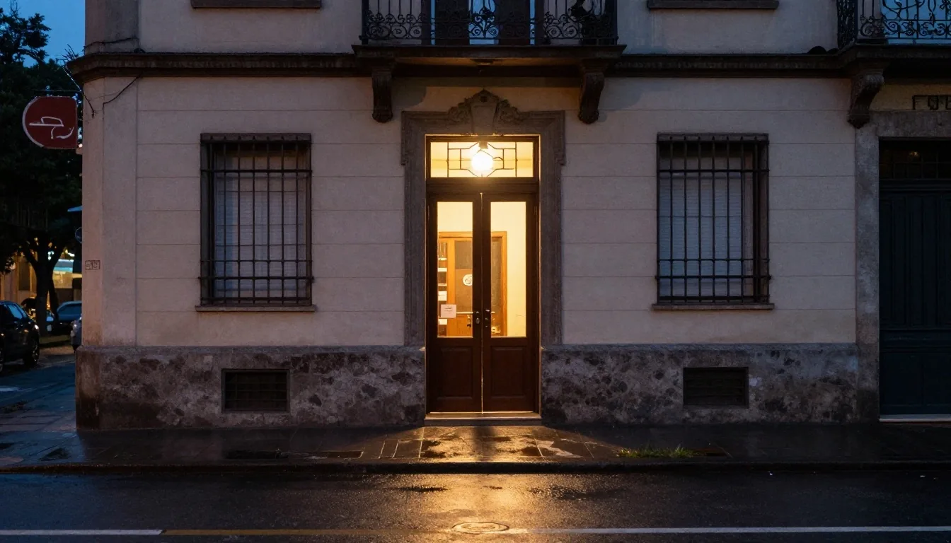 Taller nocturno con mesa de trabajo iluminada por lámparas cálidas