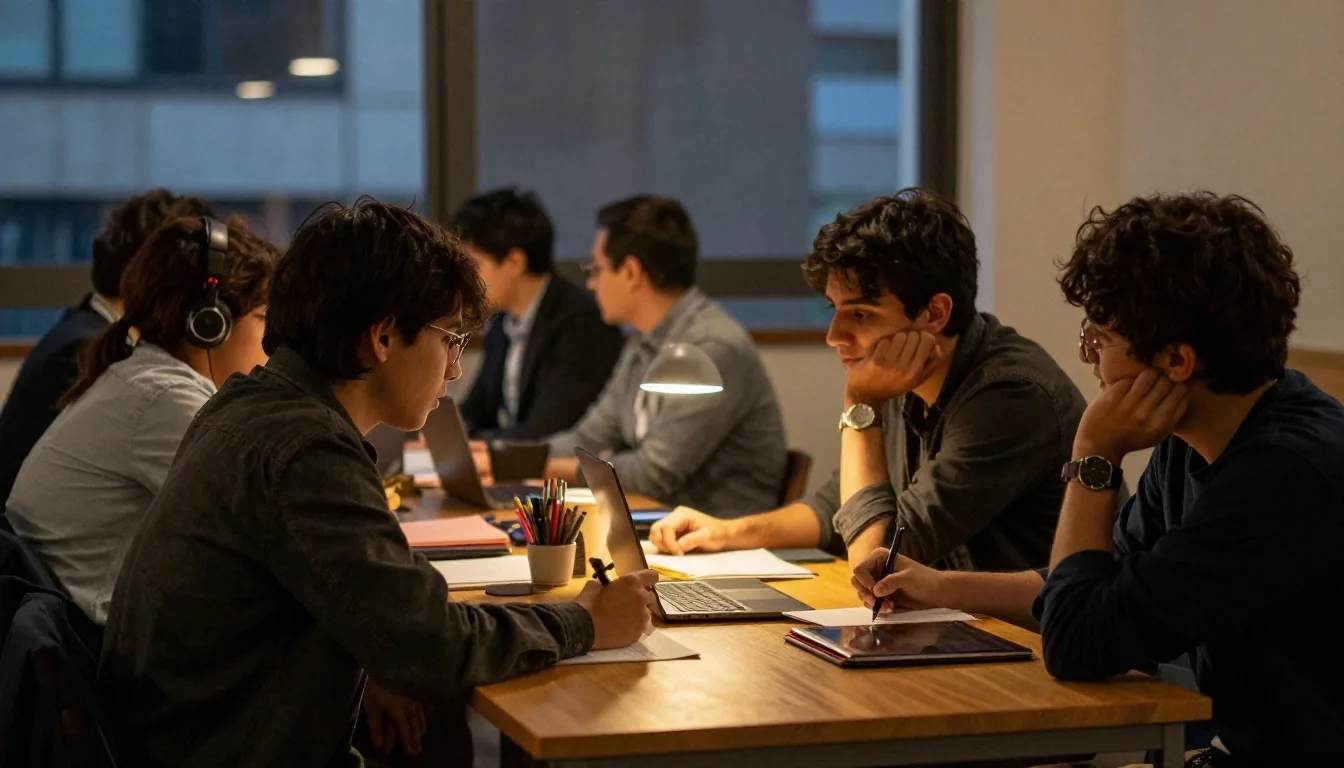 Aula nocturna con estudiantes alrededor de una mesa de trabajo