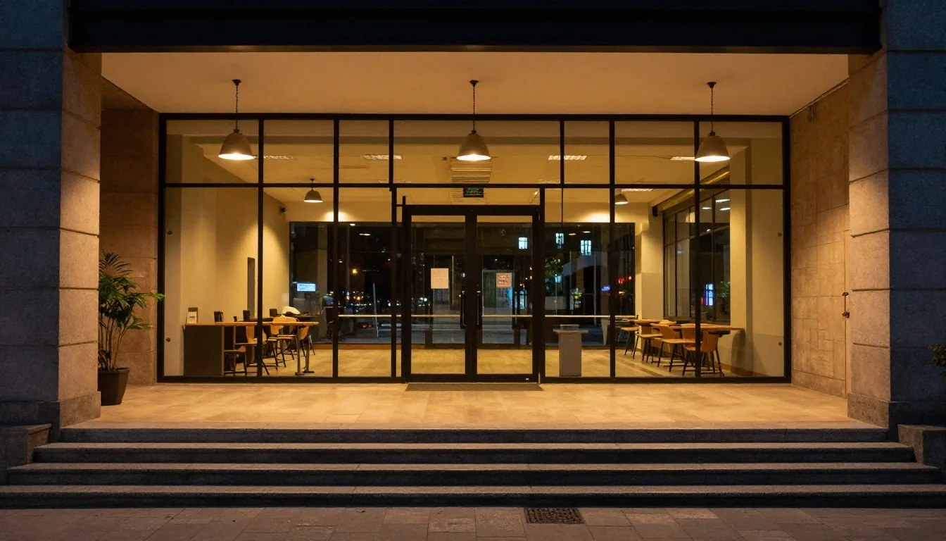 Taller nocturno con banco de terrazzo y lámpara ámbar