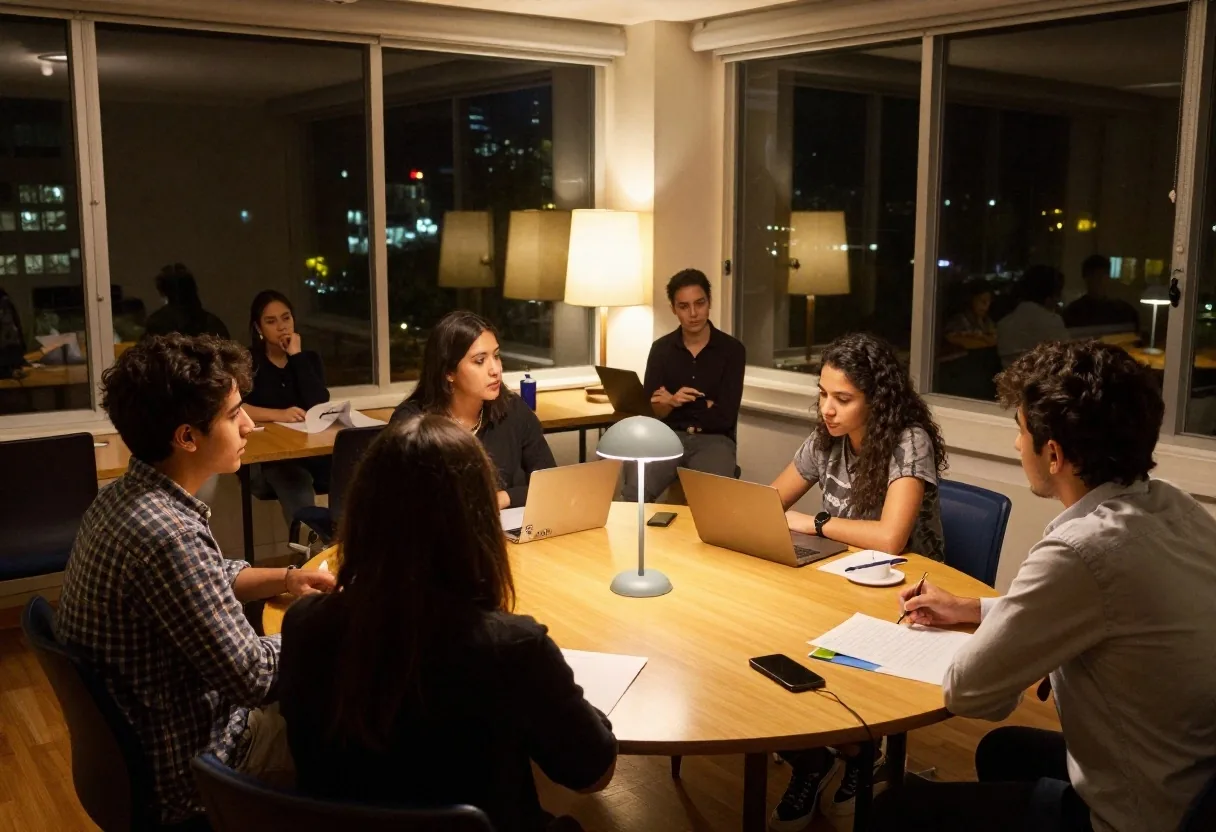 Clase nocturna con docente y participantes alrededor de mesas iluminadas