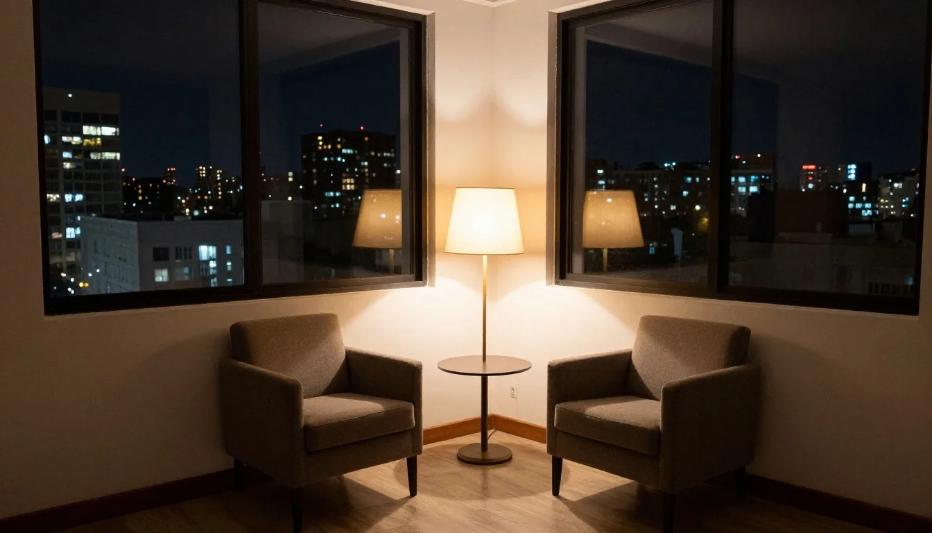 Mesa de trabajo vacía de noche con una lámpara encendida