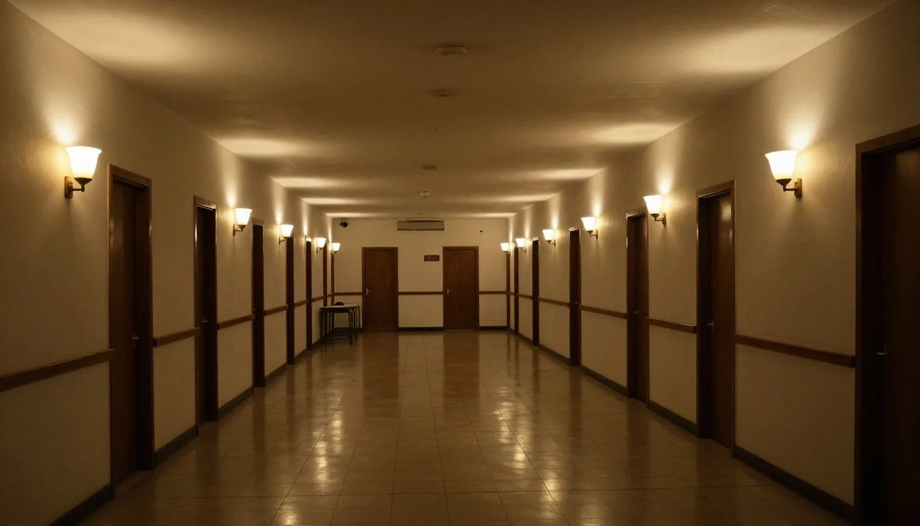 Taller nocturno con mesa de trabajo iluminada por lámparas cálidas