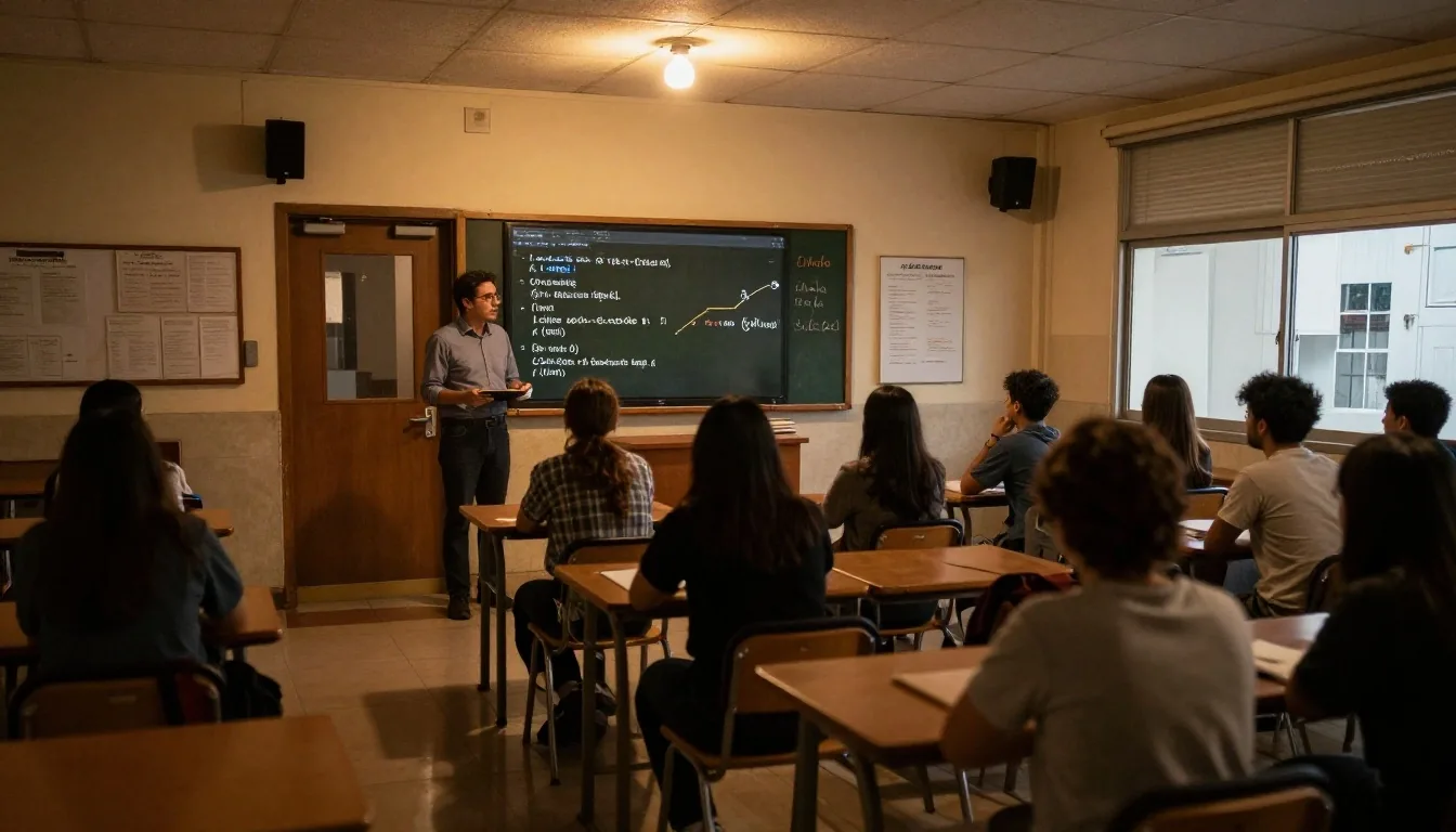 Clase presencial nocturna con proyección de consultas