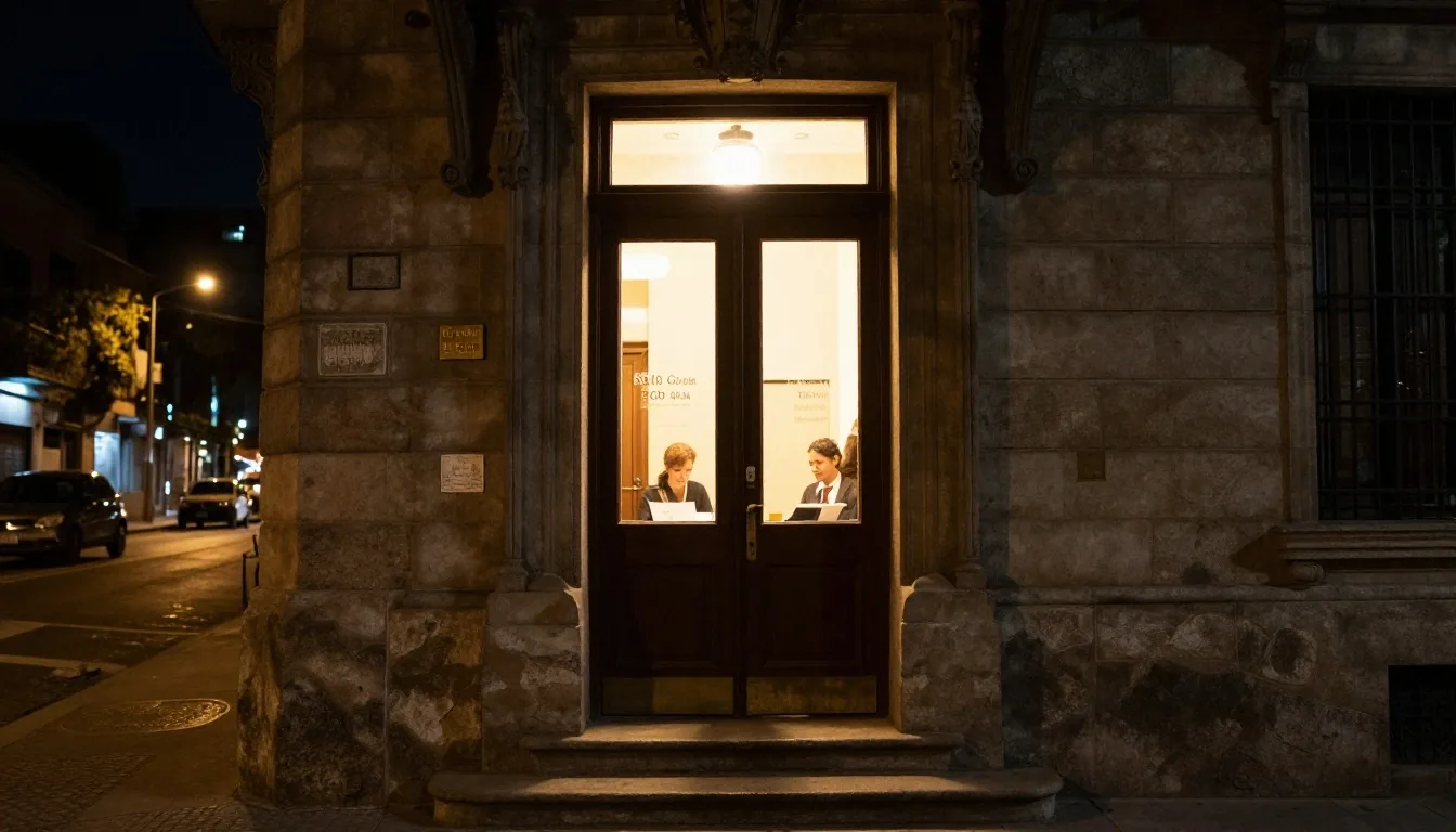 Taller nocturno con mesa de trabajo iluminada por lámparas ámbar