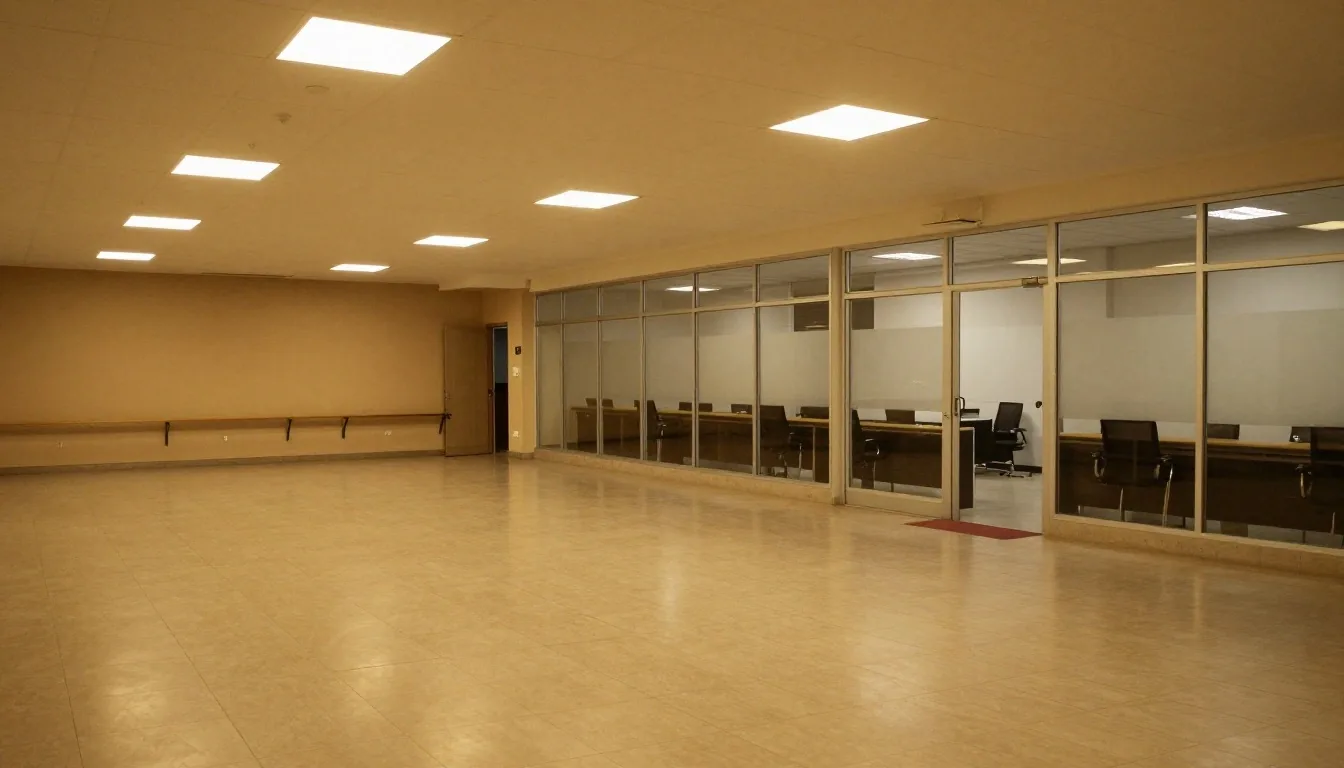 Mesa de trabajo vacía con lámpara encendida al cierre de la jornada