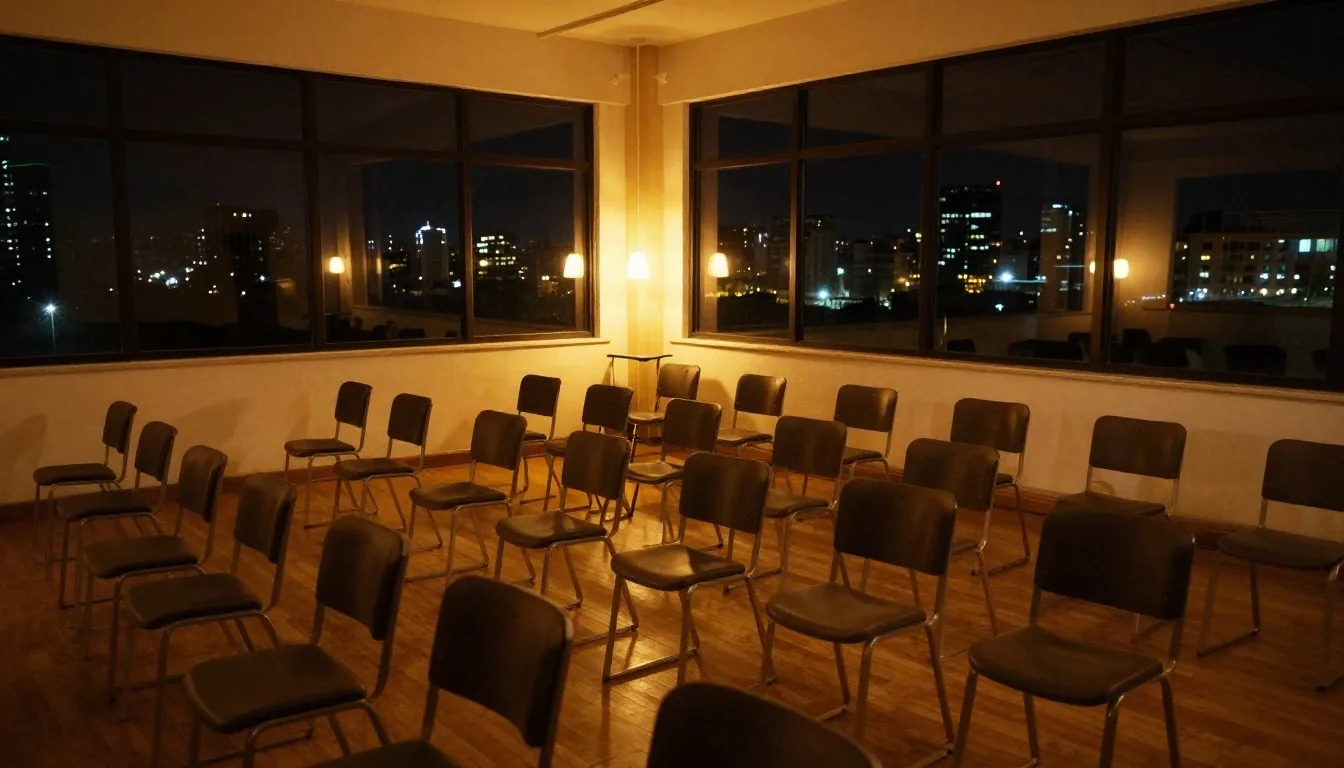 Taller nocturno con mesa de trabajo iluminada por lámparas cálidas