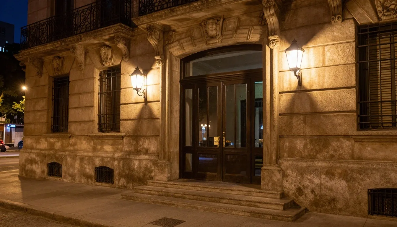 Taller nocturno con banco de terrazo bajo luz ámbar