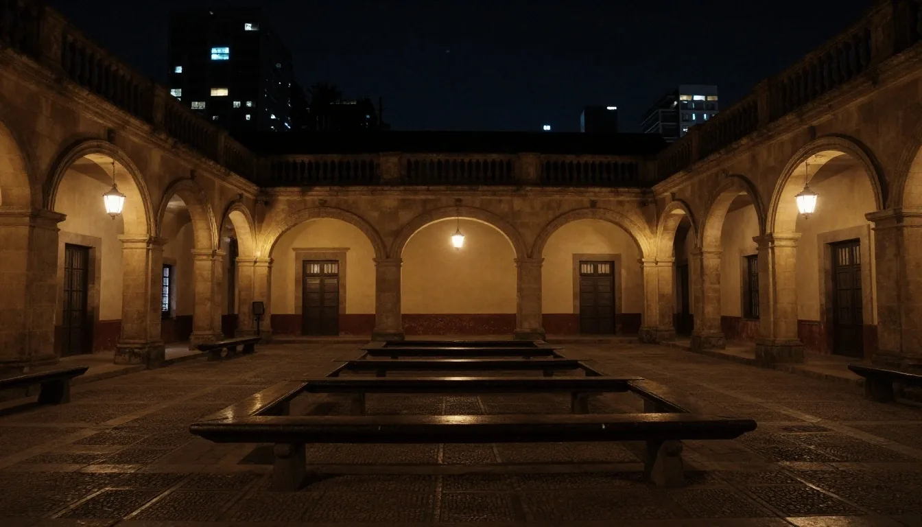 Aula tranquila de noche con lámpara encendida