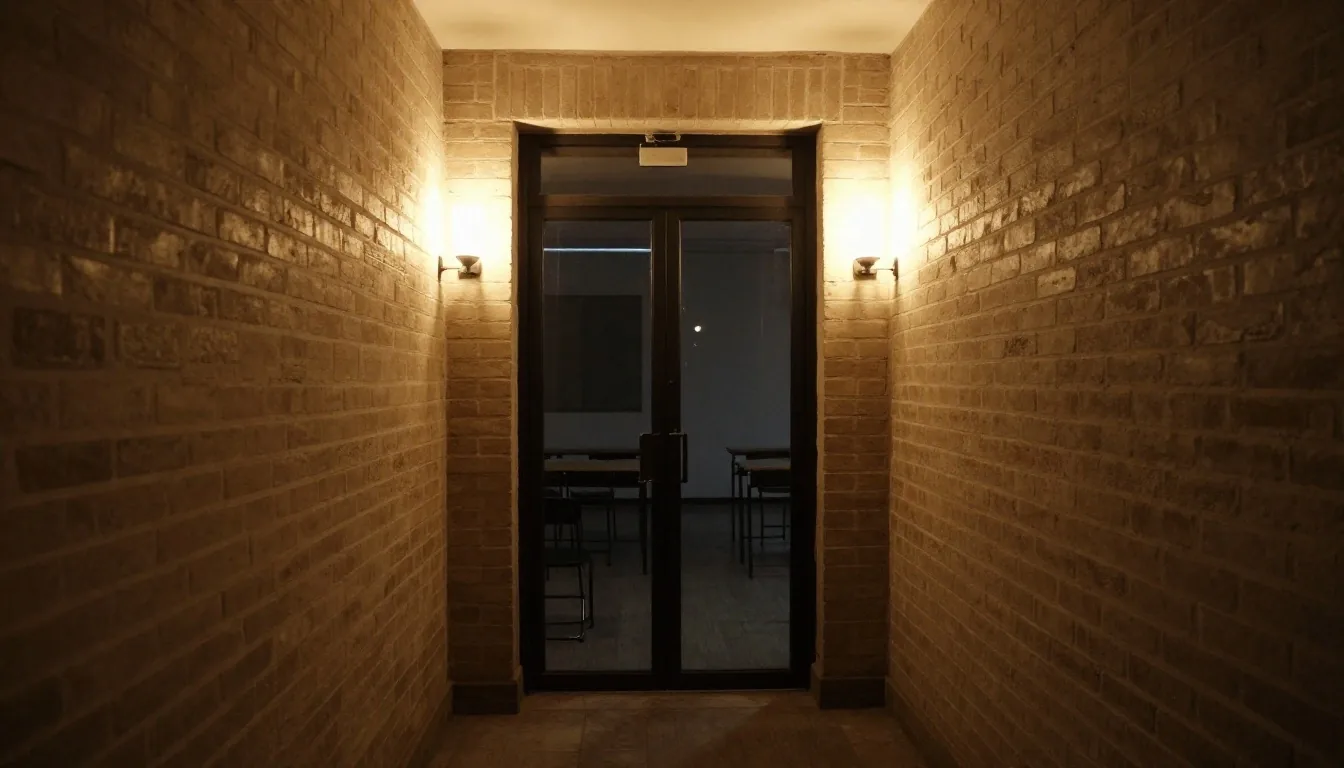 Taller nocturno con mesa de trabajo iluminada por lámparas cálidas
