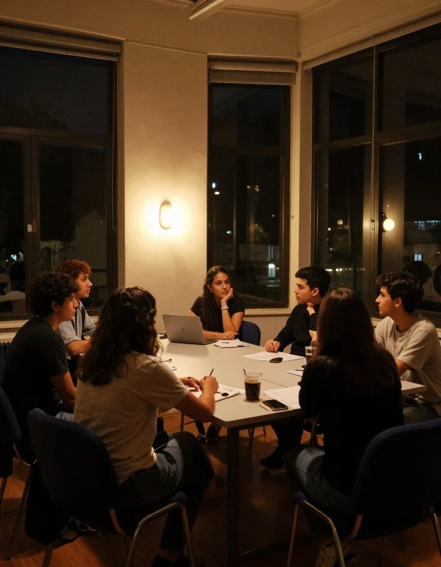 Clase nocturna de SQL con participantes alrededor de una mesa