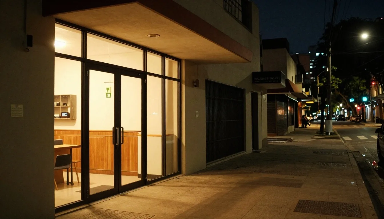 Taller nocturno con mesa de piedra y lámpara ámbar